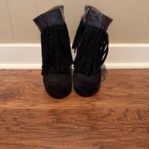 True Religion Black Suede Fringe Ankle Boots with Snakeskin Trim